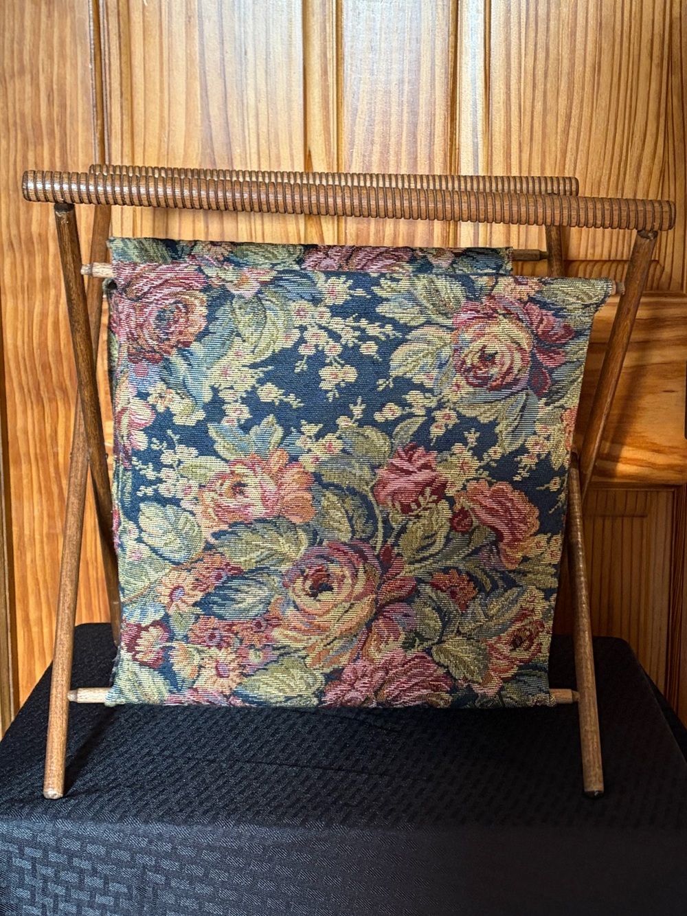 Vintage Folding Sewing Knitting Caddy Storage Basket Wood Frame Floral
